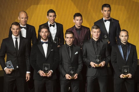 El once ideal de la FIFA: Neuer, Lahm, Ramos, Luiz, Silva, Iniesta, Kroos, Di María, Robben, CR7 y Messi