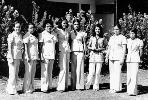 29112015 Secretarias de F.C.A. U.A.C. en agosto de 1974: Coco RodrÃ­guez, MarÃ­a Simona, Mary Ramos, Marcela Ruiz, Maricela, Isabel Triana, Cacho y Rosy.