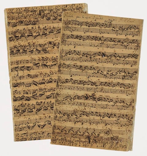 Fotografía que muestra la partitura manuscrita completa del compositor alemán Johann Sebastian Bach en Londres, Inglaterra.