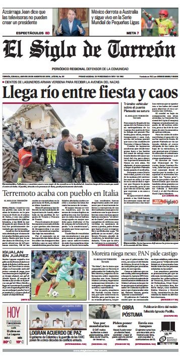 El 23 de agosto de 2016 ocurrió la sexta avenida, aunque el agua llegó a la zona urbana de La Laguna hasta el día 24.