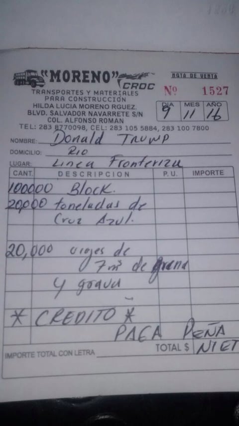 Usuarios "filtraron" la nota de la compra de materiales para el muro de Trump.