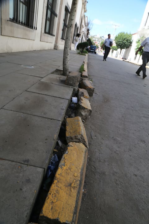 Casi en la esquina con Zaragoza, hay daños causados por vehículos en una zona donde está prohibido aparcar.