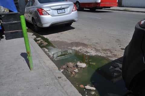 Malos olores. Las fallas en el drenaje son un problema al que se enfrentan los negocios del centro de Gómez Palacio, esta fuga de “agua negra” despide malos olores y es un foco de infección para los comerciantes y clientes de la avenida Victoria, a la altura de la Juárez.