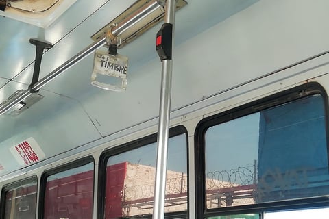 Groserías. Esta unidad San Joaquín C4733 además de  presentar ventanas con rayones cuenta con un tubo donde sostenerse, pero en el mismo se recomienda el uso del timbre por medio de una grosería.
