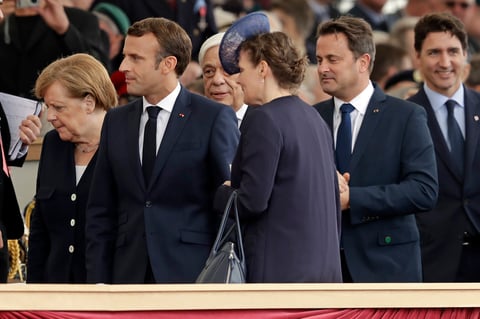 El presidente francés, Emmanuel Macron; la canciller alemana, Angela Merkel, y el primer ministro canadiense, Justin Trudeau.