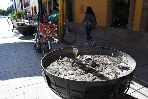 Mala imagen. Algunos maceteros, sin plantas, son utilizados como basureros por los ciudadanos.