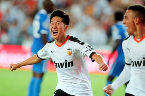 Kang In, del Valencia CF, celebra su anotación ante Getafe CF.