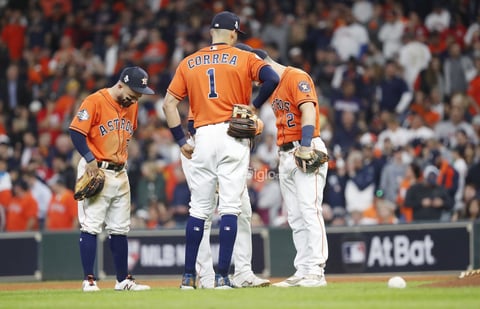 Washington Nationals at Houston Astros


Houston (United States), 31/10/2019.- Houston Astros infielders (L-R) Jose Altuve, Carlos Correa and Alex Bregman wait for a pitching change in the top of the ninth inning of their MLB 2019 World Series game seven at Minute Maid Park in Houston, Texas, USA, 30 October 2019. The best-of-seven series is tied 3-3 and game seven will decide the series winner. (Estados Unidos) EFE/EPA/JOHN G. MABANGLO

DEP Béisbol TEXAS HOUSTON USA BASEBALL MLB WORLD SERIES United States
