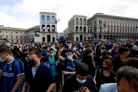 Inter supporters celebrate winning Italian Serie A