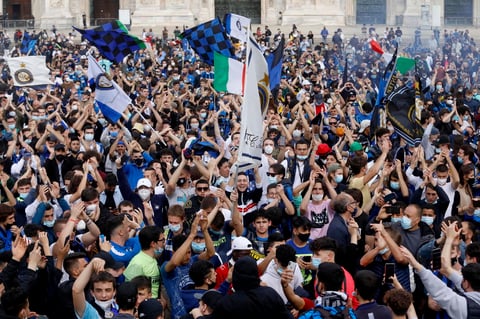 Inter supporters celebrate winning Italian Serie A