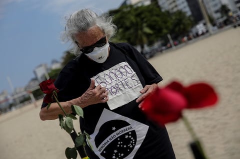 Manifestantes 'plantan' rosas en Copacabana en memoria de fallecidos por COVID en Brasil