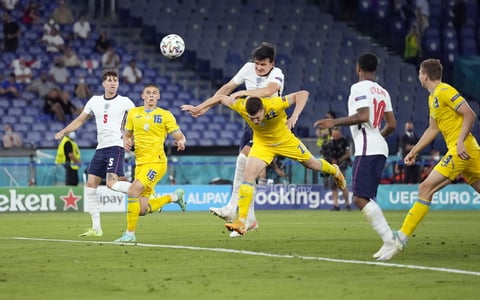 Quarter Final Ukraine vs England

Rome (Italy), 03/07/2021.- Harry Maguire (C-L) of England scores his team's second goal during the UEFA EURO 2020 quarter final match between Ukraine and England in Rome, Italy, 03 July 2021. (Italia, Ucrania, Roma) EFE/EPA/Alessandra Tarantino / POOL (RESTRICTIONS: For editorial news reporting purposes only. Images must appear as still images and must not emulate match action video footage. Photographs published in online publications shall have an interval of at least 20 seconds between the posting.)
DEP Fútbol ROME ITALY SOCCER UEFA EURO 2020 Italy