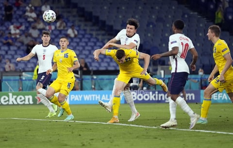 Quarter Final Ukraine vs England

Rome (Italy), 03/07/2021.- Harry Maguire (C-L) of England scores his team's second goal during the UEFA EURO 2020 quarter final match between Ukraine and England in Rome, Italy, 03 July 2021. (Italia, Ucrania, Roma) EFE/EPA/Alessandra Tarantino / POOL (RESTRICTIONS: For editorial news reporting purposes only. Images must appear as still images and must not emulate match action video footage. Photographs published in online publications shall have an interval of at least 20 seconds between the posting.)
DEP Fútbol ROME ITALY SOCCER UEFA EURO 2020 Italy
