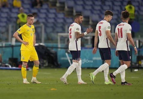 Quarter Final Ukraine vs England

Rome (Italy), 03/07/2021.- Viktor Tsyhankov (L) of Ukraine reacts during the UEFA EURO 2020 quarter final match between Ukraine and England in Rome, Italy, 03 July 2021. (Italia, Ucrania, Roma) EFE/EPA/Alessandra Tarantino / POOL (RESTRICTIONS: For editorial news reporting purposes only. Images must appear as still images and must not emulate match action video footage. Photographs published in online publications shall have an interval of at least 20 seconds between the posting.)
DEP Fútbol ROME ITALY SOCCER UEFA EURO 2020 Italy