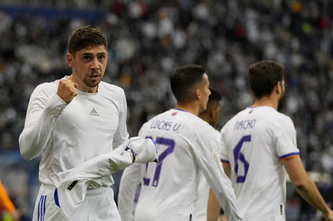 Real Madrid's Federico Valverde celebrates after a goal during the Spanish Super Cup semi final soccer match between Barcelona and Real Madrid at King Fahd stadium in Riyadh, Saudi Arabia, Thursday, Jan. 13, 2022. (AP Photo/Hassan Ammar)