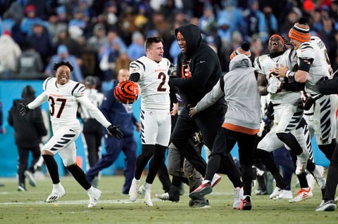 Cincinnati Bengals kicker Evan McPherson (2) celebrates his game-winning field goal against the Tennessee Titans after an NFL divisional round playoff football game, Saturday, Jan. 22, 2022, in Nashville, Tenn. The Cincinnati Bengals won 19-16.(AP Photo/Mark Humphrey)