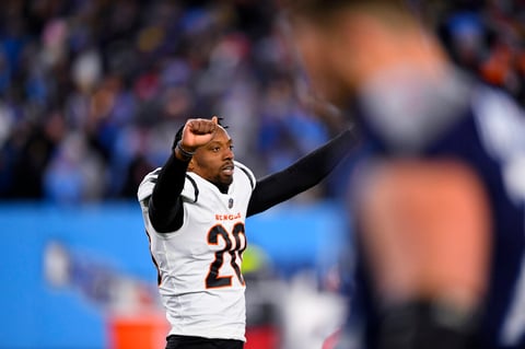Cincinnati Bengals cornerback Eli Apple (20) celebrates victory over the Tennessee Titans after an NFL divisional round playoff football game, Saturday, Jan. 22, 2022, in Nashville, Tenn. The Cincinnati Bengals won 19-16. (AP Photo/John Amis)