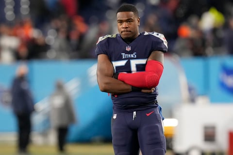 Tennessee Titans inside linebacker Jayon Brown (55) stands on the field after the team's 19-16 loss to the Cincinnati Bengals in an NFL football AFC divisional playoff game Saturday, Jan. 22, 2021, in Nashville, Tenn. (George Walker IV/The Tennessean via AP)