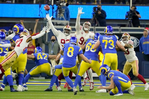 Los Angeles Rams' Matt Gay (8) kicks a field goal during the second half of the NFC Championship NFL football game against the San Francisco 49ers Sunday, Jan. 30, 2022, in Inglewood, Calif. (AP Photo/Elaine Thompson)
