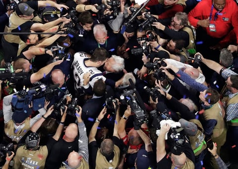 New England Patriots' Tom Brady embraces Patriots owner Robert Kraft after the NFL Super Bowl 53 football game against the Los Angeles Rams, Sunday, Feb. 3, 2019, in Atlanta. The Patriots won 13-3. (AP Photo/Morry Gash)
