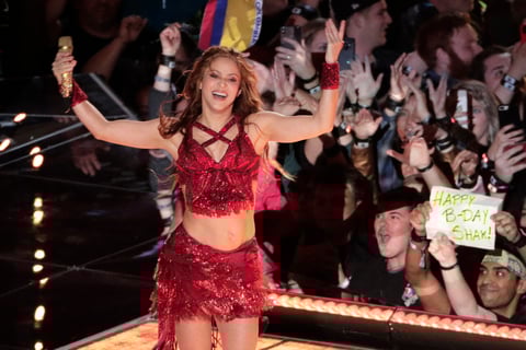 FILE - Shakira performs during the halftime show at the NFL Super Bowl 54 football game on Feb. 2, 2020, in Miami Gardens, Fla. The singer turns 45 on Feb. 2. (AP Photo/Charlie Riedel, File)