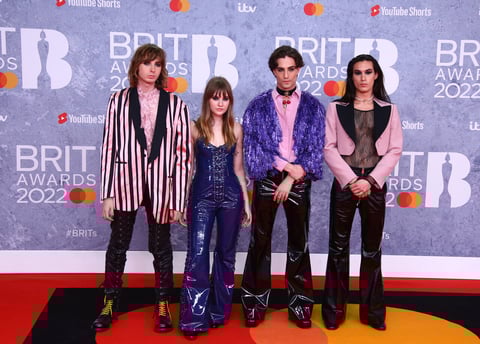 Maneskin poses for photographers upon arrival at the Brit Awards 2022 in London Tuesday, Feb. 8, 2022. (Photo by Joel C Ryan/Invision/AP)