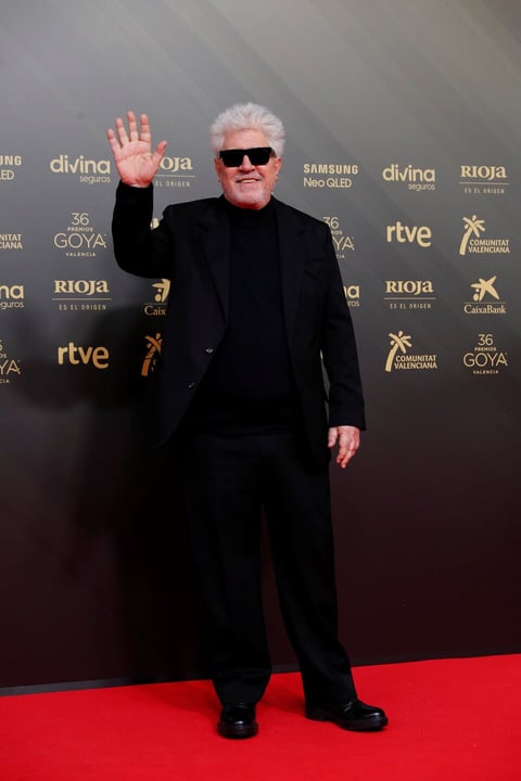 VALENCIA, 12/02/2022.- El director Pedro Almodóvar posa en la alfombra roja a su llegada a la 36 edición de los Premios Goya que tiene lugar este sábado en el Palau de les Arts de Valencia. EFE/Biel Aliño.