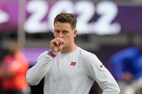 Cincinnati Bengals quarterback Joe Burrow warms up before the NFL Super Bowl 56 football game against the Los Angeles Rams, Sunday, Feb. 13, 2022, in Inglewood, Calif. (AP Photo/Chris O'Meara)