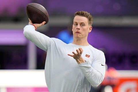 Cincinnati Bengals quarterback Joe Burrow warms up before the NFL Super Bowl 56 football game against the Los Angeles Rams, Sunday, Feb. 13, 2022, in Inglewood, Calif. (AP Photo/Chris O'Meara)