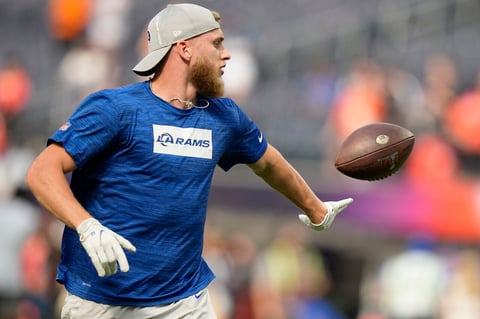 Los Angeles Rams wide receiver Cooper Kupp warms up before the NFL Super Bowl 56 football game Cincinnati Bengals, Sunday, Feb. 13, 2022, in Inglewood, Calif. (AP Photo/Lynne Sladky)
