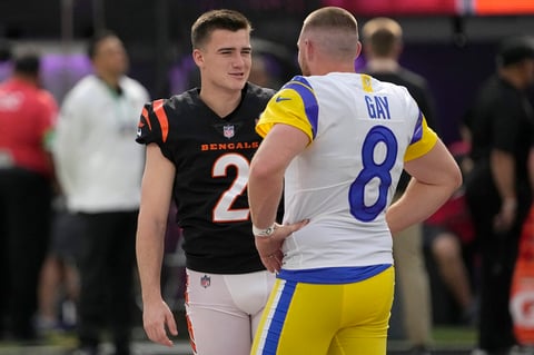 Cincinnati Bengals kicker Evan McPherson (2) and Los Angeles Rams kicker Matt Gay (8) talk on the field before the NFL Super Bowl 56 football game Sunday, Feb. 13, 2022, in Inglewood, Calif. (AP Photo/Mark J. Terrill)