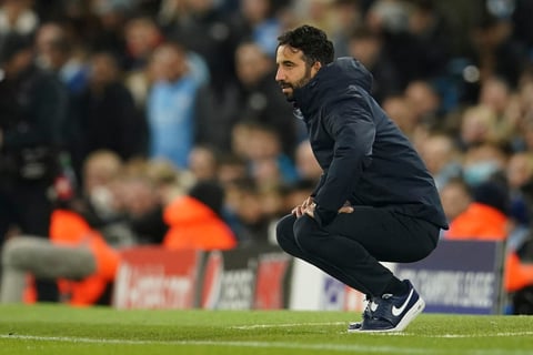 Sporting's head coach Ruben Amorim reacts during the Champions League round of 16 second leg soccer match between Manchester City and Sporting Lisbon at the City of Manchester Stadium in Manchester, England, Wednesday, March 9, 2022. (AP Photo/Dave Thompson)