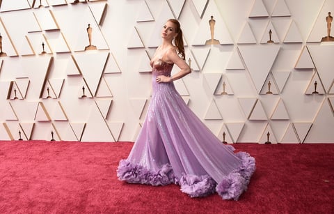 Jessica Chastain arrives at the Oscars on Sunday, March 27, 2022, at the Dolby Theatre in Los Angeles. (Photo by Jordan Strauss/Invision/AP)