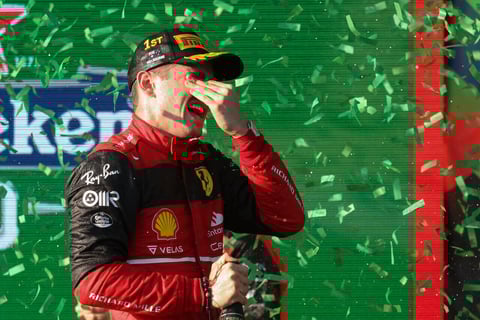 Ferrari driver Charles Leclerc of Monaco reacts after winning the Australian Formula One Grand Prix in Melbourne, Australia, Sunday, April 10, 2022. (AP Photo/Asanka Brendon Ratnayake)