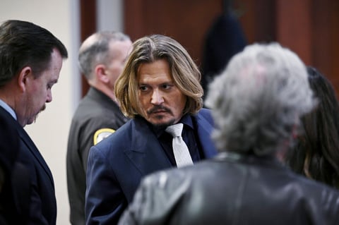 US actor Johnny Depp inside the courtroom during the $50 million Depp vs Heard deformation trail at the Fairfax County Circuit Court April 12, 2022, in Fairfax, Virginia. (Photo by BRENDAN SMIALOWSKI / POOL / AFP)