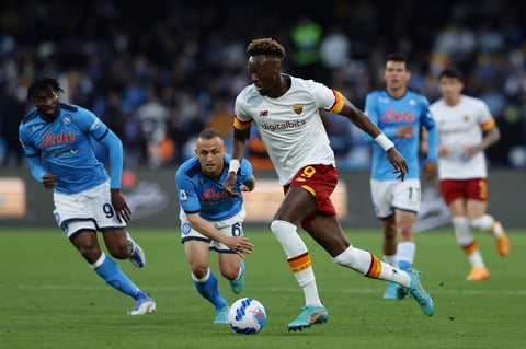 Roma's Tammy Abraham goes for the ball during the Serie A soccer match between Napoli and Roma, at the Diego Armando Maradona stadium in Naples, Monday, April 18, 2022. (Alessandro Garofalo/LaPresse via AP)