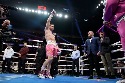 Canelo Alvarez, of Mexico, gestures before a light heavyweight title fight against Dmitry Bivol, of Kyrgyzstan, Saturday, May 7, 2022, in Las Vegas. (AP Photo/John Locher)