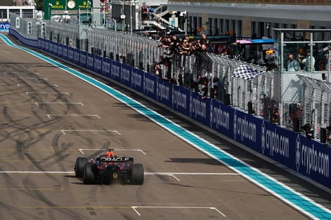 Miami Gardens (United States), 08/05/2022.- Holland's Max Verstappen of Red Bull Racing wins the Formula One Grand Prix of Miami at the Miami International Autodrome in Miami Gardens, USA, 08 May 2022. (Fórmula Uno, Estados Unidos, Roma) EFE/EPA/SHAWN THEW