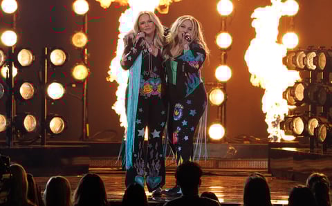 Miranda Lambert, left, and Elle King perform 'Drunk (And I Don't Wanna Go Home)' at the Billboard Music Awards on Sunday, May 15, 2022, at the MGM Grand Garden Arena in Las Vegas. (AP Photo/Chris Pizzello)