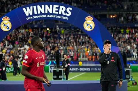 Liverpool's manager Jurgen Klopp blows a kiss to the stands at the end of the Champions League final soccer match between Liverpool and Real Madrid at the Stade de France in Saint Denis near Paris, Saturday, May 28, 2022. Real Madrid defeated Liverpool 1-0. (AP Photo/Manu Fernandez)