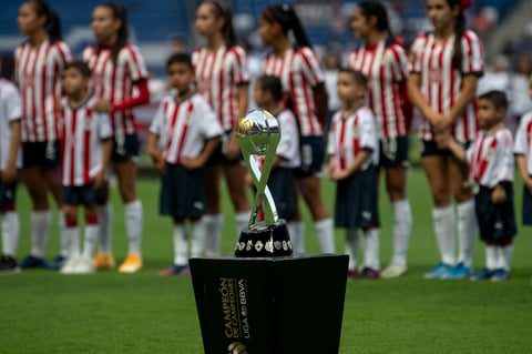MONTERREY (MÉXICO) 30/05/2022.- Vista del trofeo previo al juego entre Rayadas de Monterrey y Chivas de Guadalajara hoy, lunes 30 de mayo de 2022, durante el partido de vuelta correspondiente al campeón de Campeones de la Liga Femenil Mx celebrado en el estadio BBVA de la ciudad de Monterrey (México). EFE/Miguel Sierra.