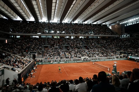 View of center court Philippe Chatrier with it's roof closed during the the semifinal match between Spain's Rafael Nadal, left, and Germany's Alexander Zverev at the French Open tennis tournament in Roland Garros stadium in Paris, France, Friday, June 3, 2022. (AP Photo/Thibault Camus)