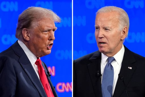 Esta combinación de fotografías muestra al candidato republicano a la presidencia, el expresidente Donald Trump (izquierda) y al presidente Joe Biden durante un debate organizado por la cadena CNN. (AP)