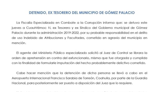 Imagen Fiscalía anticorrupción de Durango confirma detención de extesorero de Gómez Palacio