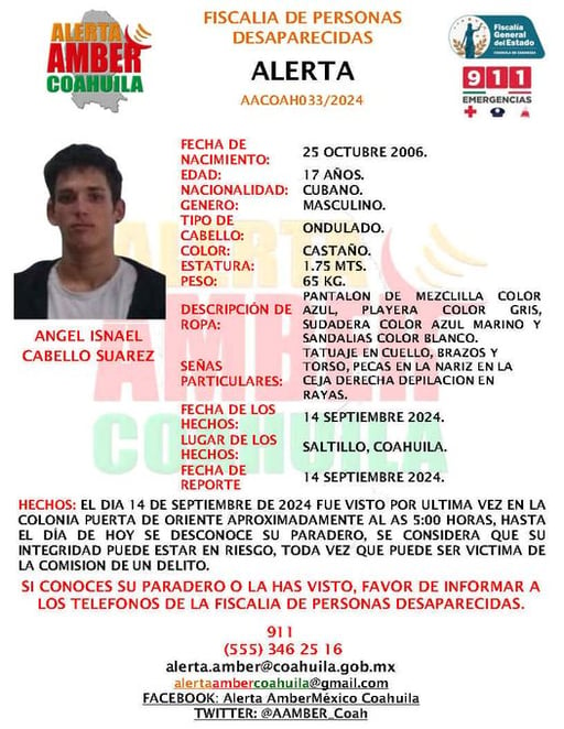 Imagen Buscan a Ángel Isnael Cabello Suárez, joven cubano desaparecido en Coahuila