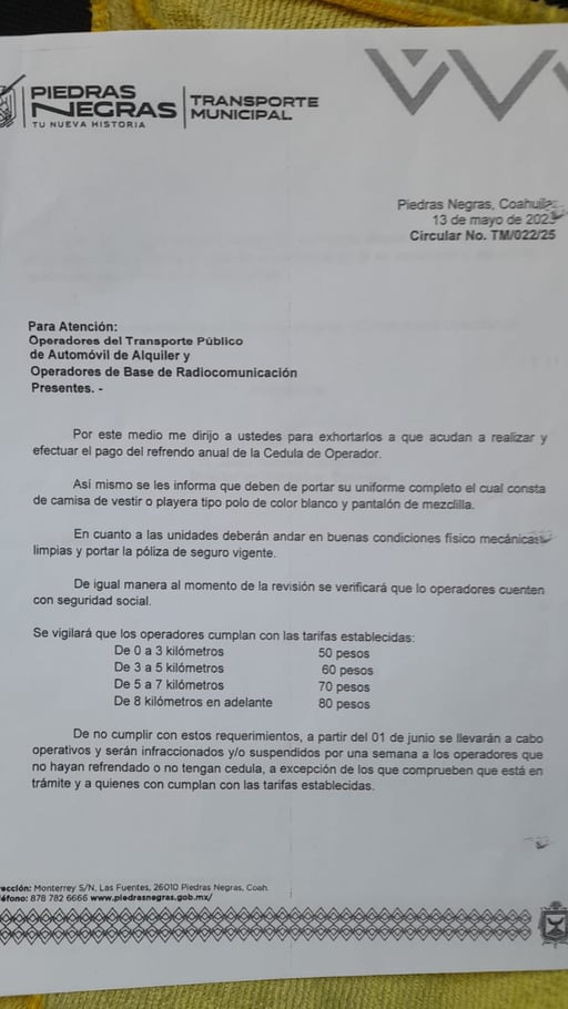 Imagen Notifican a taxistas de Piedras Negras sobre tarifas establecidas