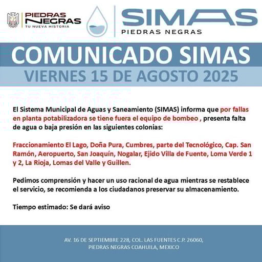 Imagen Fallan plantas potabilizadoras de SIMAS Piedras Negas deja sin agua 14 colonias