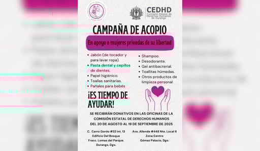 Imagen Inicia campaña de acopio en apoyo a mujeres privadas de su libertad en Durango