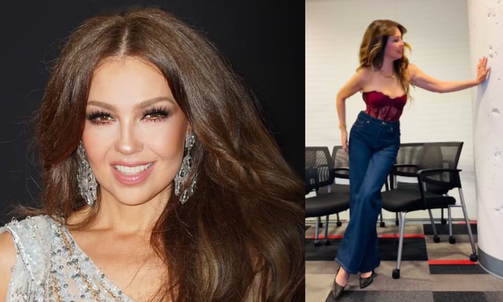 Thalía combina un corset de encaje con jeans y luce espectacular