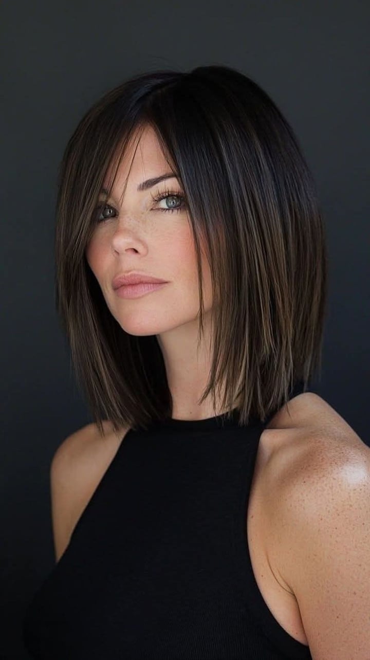 El long bob con fleco aporta frescura y definición al rostro, combinando estilo y personalidad en un look actual y favorecedor.